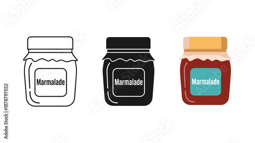 Three marmalade jars in different styles and colors on white background