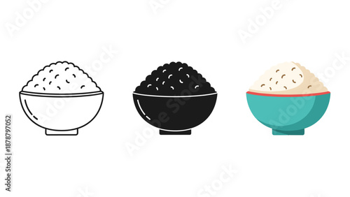 Three bowls of rice white black and colored side by side simple illustration