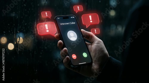 Phone screen alerting unknown scam call. Concept of phone fraud, spam calls, scammer warning system, and cybersecurity protection. Mobile safety technology against phishing and fake calls.