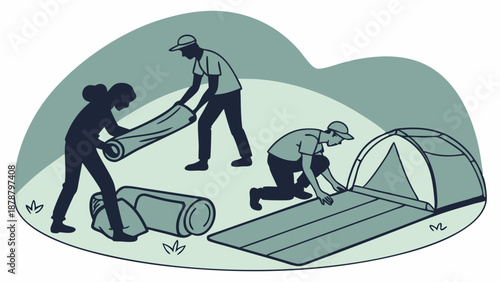 Outdoor Adventure Preparation Young People Unrolling Sleeping Pads and Setting Up Tent for Camping Trip Summer Recreation Activity