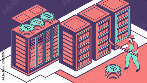 Isometric Bitcoin Mining Farm Servers with Worker Shoveling Digital Currency for Cryptocurrency Investment Finance Web Design