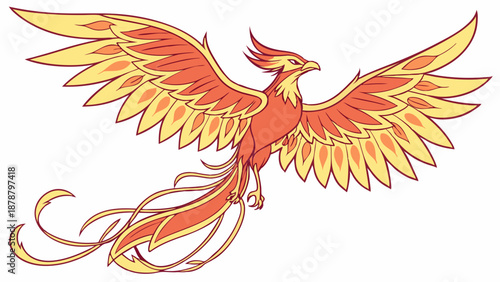 Majestic Fiery Phoenix Bird Spreading Wings for Rebirth and Transformation Symbolizing Success and Resilience for Fantasy Projects