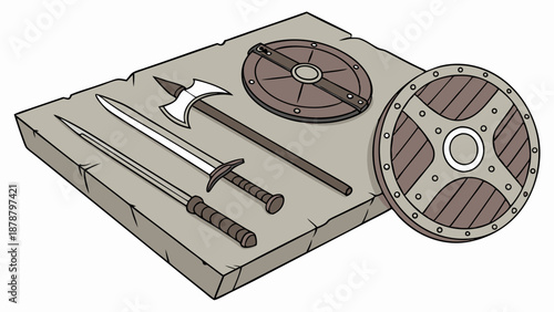 Viking Warrior Weapons and Shields Displayed on Stone Slab for Game Design or Historical Project Assets