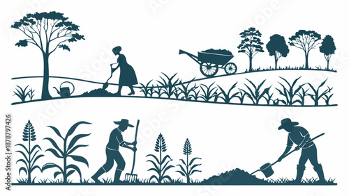 Silhouette of Farmers Working Land Planting Crops and Plowing Soil for Agriculture and Sustainable Farming Projects
