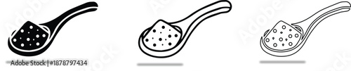 ICONS Collection of spoon icons with powder representing ingredients or medicine in flat design and outline styles for culinary or health concepts
