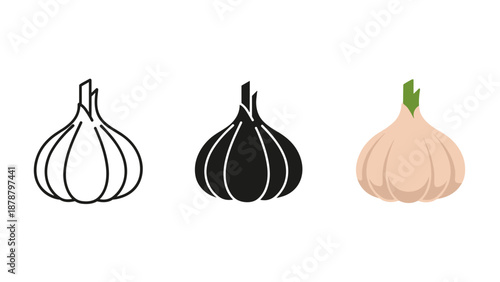 Three garlic bulbs illustration set with different styles and colors on white background vector graphics
