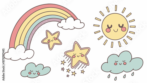 Cute Pastel Rainbow Sun Stars Cloud Rain Weather Icons for Nursery Decor Kids Birthday Party Invitations Graphic Design