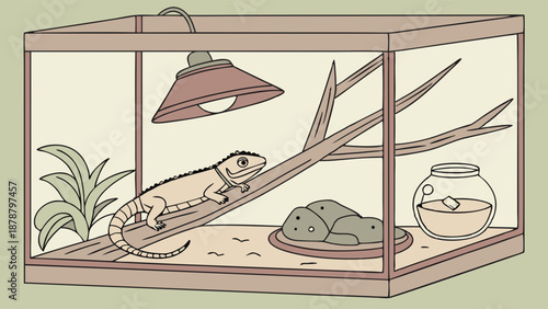 Bearded Dragon Lizard Basking Under Heat Lamp in Clean Glass Terrarium Habitat Setup for Pet Care