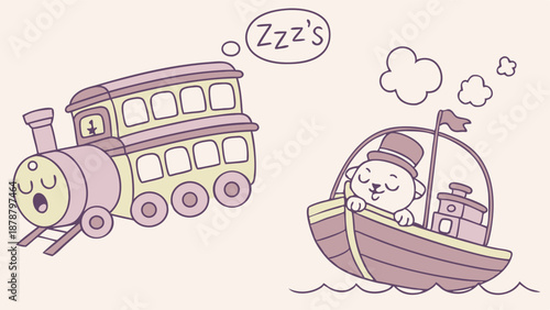 Sleeping Train and Cat Captain on Boat Journey for Children's Book Illustration Travel Theme