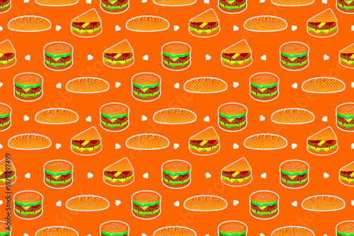 Seamless pattern with baguette, burger and sandwich pattern. Fast food pattern background. Seamless fast food pattern. Hand drawn of fast food pattern background.
