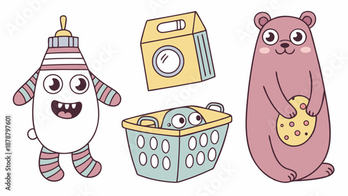 Cute Cartoon Monsters Baby Bottle Laundry Basket Bear Holding Cookie for Kids Design Elements
