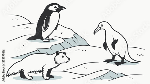 Arctic Wildlife Encounter Penguin Fox Prehistoric Bird Meeting on Icy Tundra for Nature Education and Ecology Design Projects