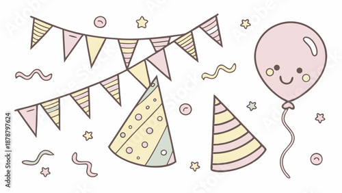 Cute Pastel Party Decorations Banner Balloon Hat Confetti Vector for Birthday Celebration Design Invitation Print