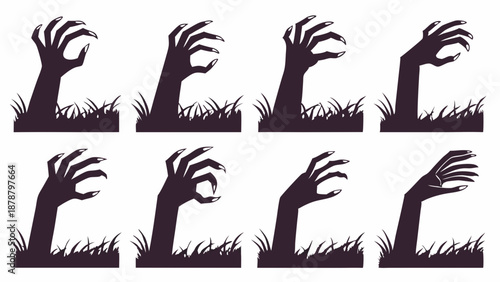 Spooky Zombie Hands Rising From Graveyard Grass Silhouette Set for Halloween Horror Design Projects