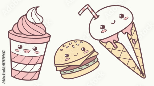 Kawaii Fast Food Icons Happy Milkshake Burger Ice Cream Cone for Cafe Menu Design Sweet Treat Illustration