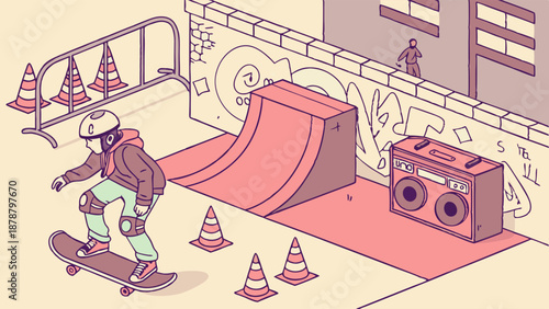 Skateboarder Practicing Tricks Near Graffiti Wall and Ramp for Extreme Sports Web Design or Youth Lifestyle Advertising Campaign