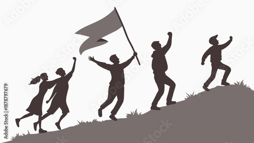 Silhouette Group Climbing Uphill with Flag Symbolizing Team Success Leadership Achievement and Goal Attainment