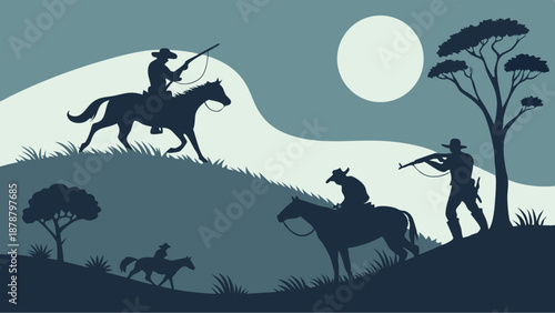 Silhouette of Cowboys on Horseback Hunting at Night with Full Moon for Western Adventure Game Design or Themed Illustration