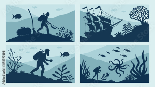 Underwater Exploration Silhouettes Scuba Diver Discovering Sunken Shipwreck and Ocean Life for Adventure Travel Design