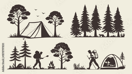Rustic Camping and Hiking Silhouette Set Forest Adventure Icons for Outdoor Travel Web Design Summer Vacation Graphics