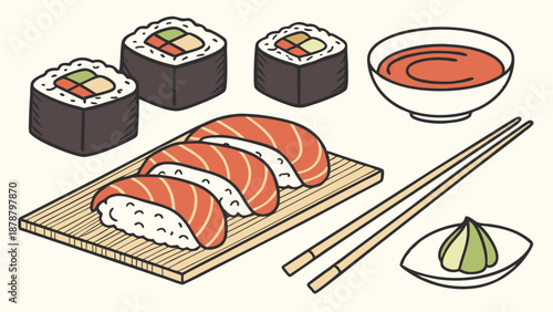 Delicious Salmon Nigiri Sushi Rolls Soy Sauce and Chopsticks for Restaurant Menu Design or Food Blog Illustration
