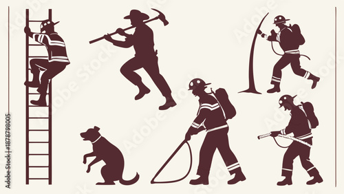 Firefighter Silhouettes Climbing Ladder Using Tools Rescuing Dog for Emergency Service Web Design Safety Training Manuals