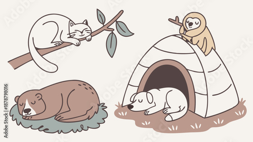 Cozy Animals Sleeping in Winter Shelter Igloo Bear Cat Dog Illustration for Children's Book Web Design