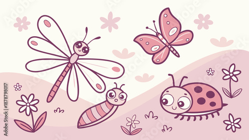Cute Pink Insect Illustration for Nursery Decor Children's Book Design Happy Spring Summer Background