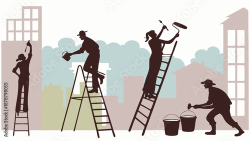 Silhouettes of Diverse Home Improvement Workers Painting Buildings with Rollers and Brushes for Urban Renovation Projects