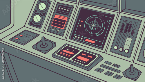 Futuristic Control Panel Interface for Spacecraft Navigation or Gaming Command Center Operation with Joystick and Radar Display