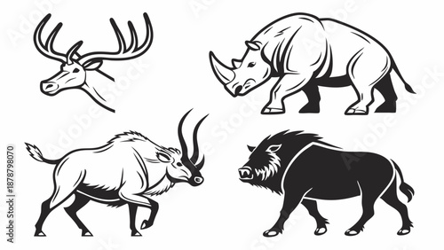 Vintage Engraved Wildlife Icons Set Deer Rhino Antelope Boar for Safari Logo Design Hunting Apparel T-Shirt Print