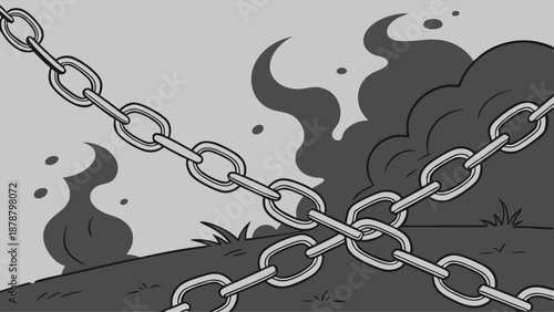 Heavy Metal Chains Crossed Over Dark Smoke and Barren Ground Symbolizing Restriction and Overcoming Adversity for Industry Themes