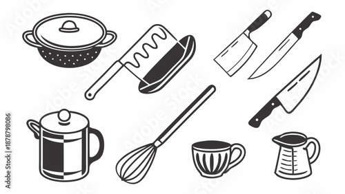 Kitchen Utensils Set Cooking Tools Whisk Knives Pot Teapot for Recipe Blog Design Food Preparation Graphics