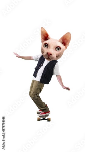 Animated ad. Cat head skateboarder isolated on white background. Concept of youth culture, freedom expression, street lifestyle, creative ads, alternative branding, individuality, and rebellion spirit