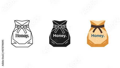 Three honey bags in line labeled various colors black white yellow
