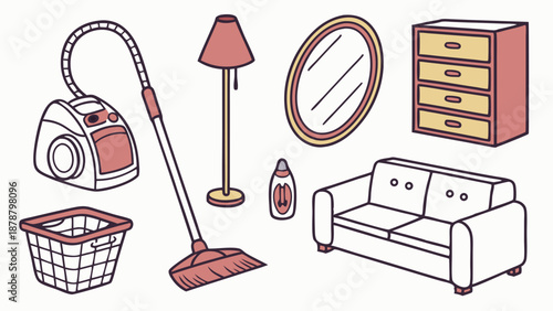 Domestic Cleaning Supplies and Furniture Icons for Home Organization Website Design and Housekeeping Service Promotion