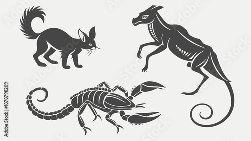 Mystical Black Animal Silhouettes Fox Dragon Scorpion Tattoo Design for Zodiac or Esoteric Branding Projects
