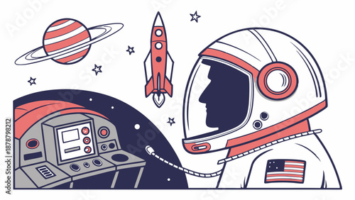 Astronaut in Spacecraft Cockpit Gazing at Planet Saturn and Rocket Launch for Science Education and Exploration Design