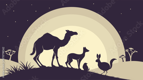 Desert Night Silhouette Camel Gazelle Hare Under Full Moon for Travel Web Design Wildlife Illustration