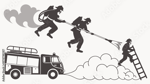 Firefighters Responding to Emergency Rescue Operation with Fire Truck and Ladder for Safety Training Illustration