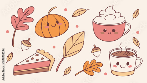 Cute Kawaii Autumn Harvest Icons for Fall Holiday Cafe Menus Seasonal Web Design Cozy Thanksgiving Marketing Materials