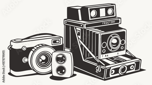 Vintage Camera Collection Illustration for Photography History or Retro Media Web Design Projects