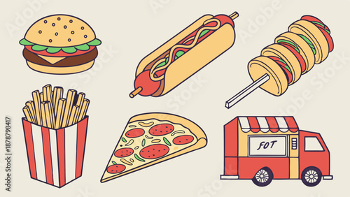 Delicious Fast Food Icons for Restaurant Menu Design Mobile App Web Banners Summer Street Food Promotion
