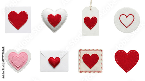 Red felt heart set including stitched tags, envelopes, circles, and fabric patches isolated. Valentines day craft and romantic scrapbooking collection.