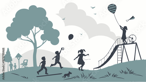 Joyful Children Playing Outdoors in Sunny Park Silhouette for Summer Camp Brochures Website Design Childhood Fun Activities