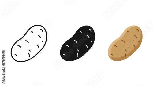 Three illustrated potatoes in different colors and shading styles on white background simple graphics