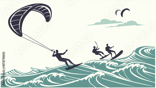 Dynamic Kitesurfing Action Silhouette Riding Ocean Waves for Extreme Sports Advertising Summer Vacation Travel Web Design