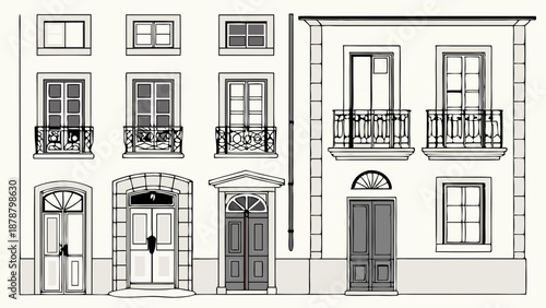 Classic European Architecture Facades Black And White Line Drawings For Real Estate Web Design And Urban Planning Projects