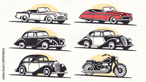 Vintage Classic Cars and Motorcycle Collection Icons for Automotive Design Retro Transportation Advertising Graphics