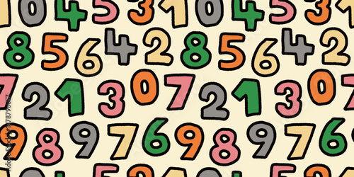 Seamless Colorful Handdrawn Numbers Pattern for Kids and Fun Design.
カラフルな手描き数字のポップなシームレスパターン